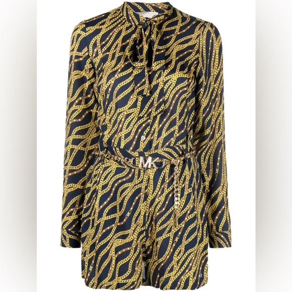 MICHAEL KORS Chain Link Romper w Gold Chain Belt Long Sleeve Women’s Size Small - Picture 1 of 9